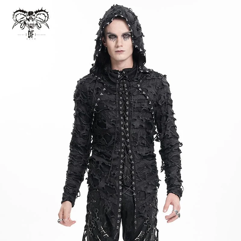 Easy Fashion Men's Gothic Ripped Lace-up Studs Hoodies