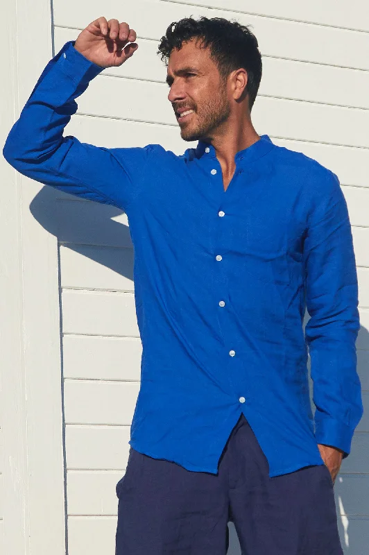 Relaxed Denim Men's Nehru Collar Linen Shirt | Cobalt Blue