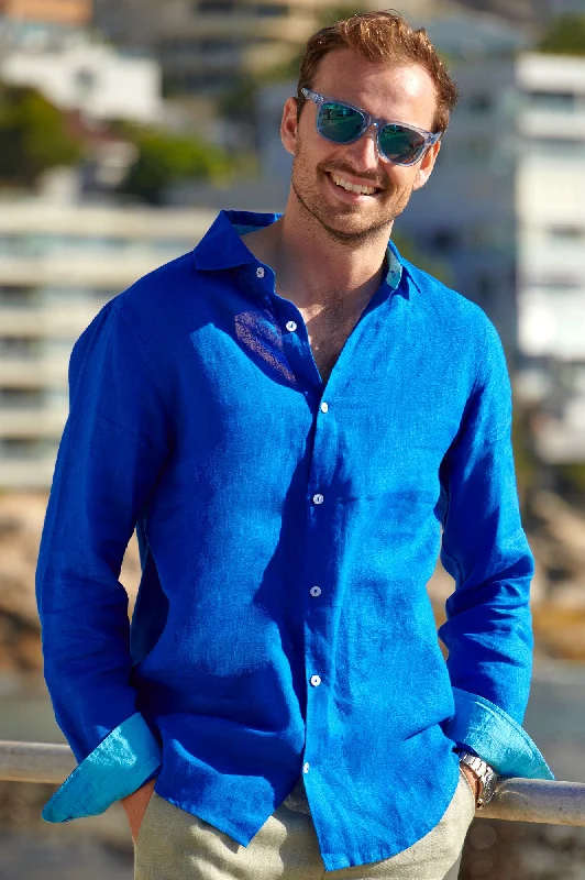 Streetwear Look Men's Linen Shirt | Cobalt Blue