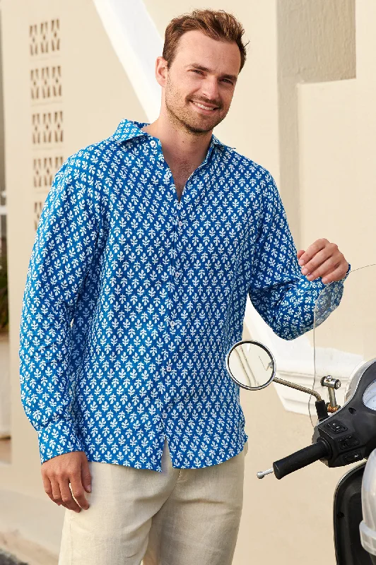 Urban Gear Men's Printed Linen Shirt | Trident Marina Blue/White