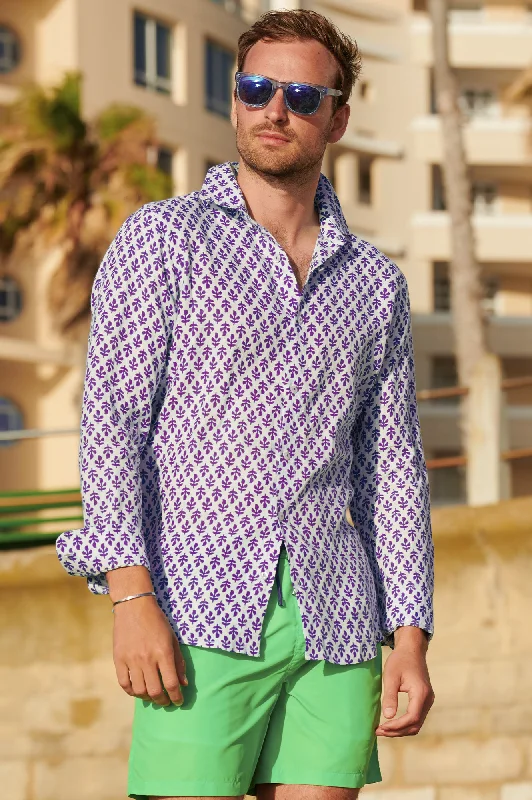 Casual Denim Men's Printed Linen Shirt | Trident White/Purple