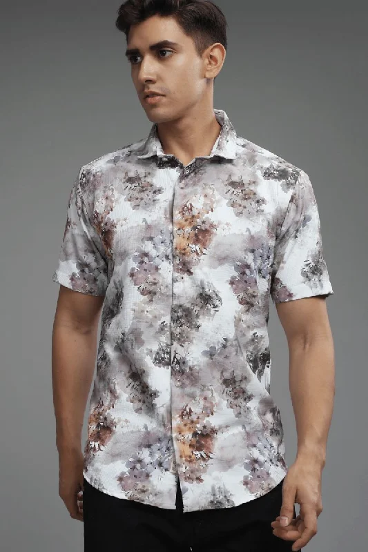 Misty White Multi Leaf Printed shirt - Half - Wrinkle Free