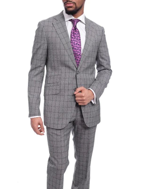 Modern Style Napoli Mens 42L Gray Windowpane Check Slim Fit 2 Piece Suit