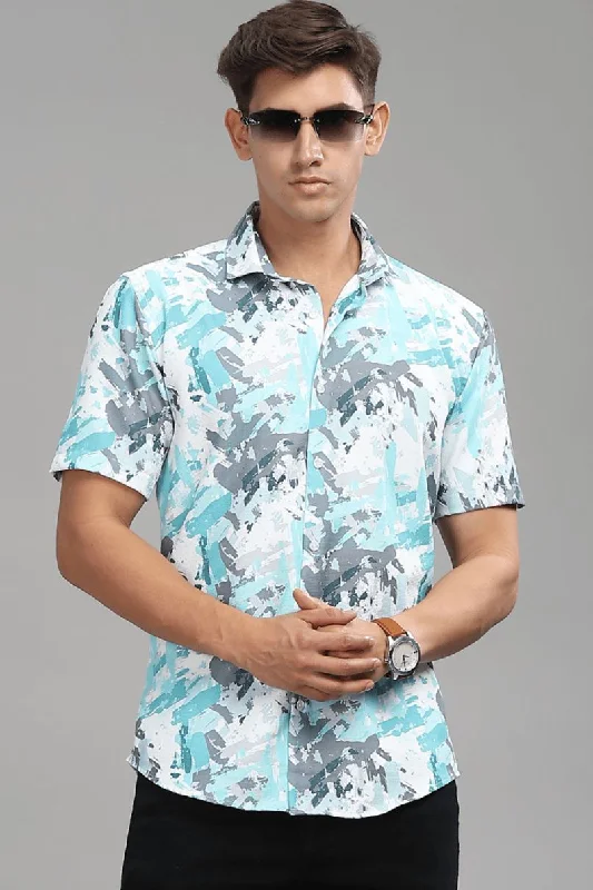 Aqua Blue & Grey Splash Printed shirt - Half - Wrinkle Free